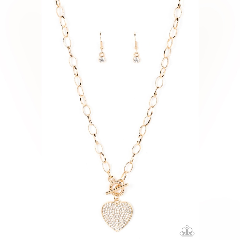 New gold heart necklace with white encrusted rhinestones toggle necklace
